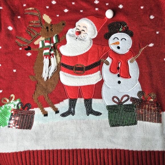 Karen Scott Santa Snowman Reindeer & Sequins Red Knit Ugly Christmas Sweater - Picture 2 of 12